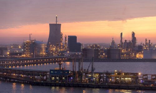 Dawn over the industrial skyline of the Humber Estuary near the city of Hull in northeast England.